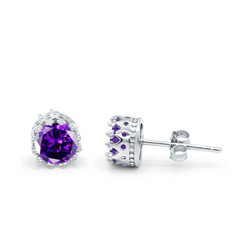 Wedding Engagement Bridal Stud Earrings Round Simulated Amethyst CZ 925 Sterling Silver
